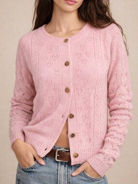 Lucky Brand Pink Pointelle Knit Cardigan Sweater Button Front Soft Cotton Size M